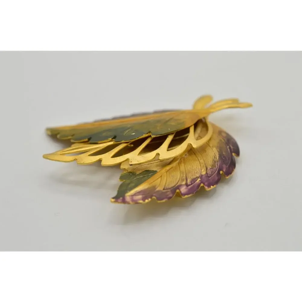 Vintage Autumn Leaf Pin Brooch Sheet Metal Painted Leaves Brushed Gold 1980s 9B